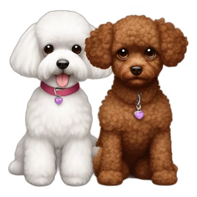 Brown toy poodle with teddy bear haircut next to an all white Maltese sticker