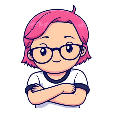 Pink-haired girl with glasses crossing her arms with a slight smirk sticker