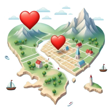 Detailed cartography map with soft ethereal coloring, containing red heart pins marking romantic locations and different symbols for other life experiences sticker