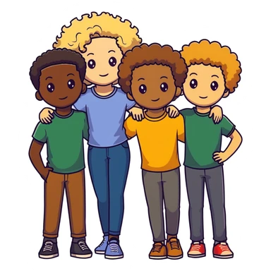 Group of diverse friends standing together, including a dark-skinned boy, a light-skinned blonde boy, a light-skinned girl with dark hair, a mixed-race girl with brown hair, a light-skinned person with curly hair, a mixed-race person with dark curly hair, and in the center a mixed-race person with wavy hair sticker