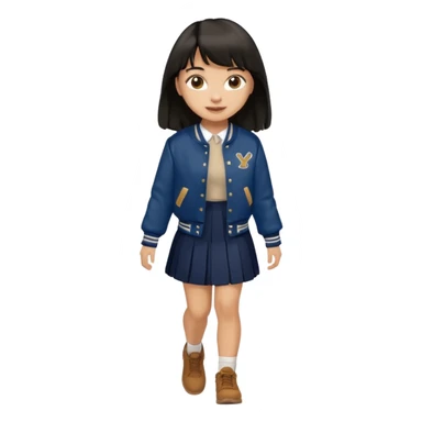 black color long hair with fringe, light skin long hair girl with brown varsity jacket and navy long skirt walking

 sticker