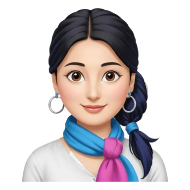 generate a pretty bratz emoji 
Make her wear a white shirt with a colorful blue-pink scarf wrapped around her neck. smiling big. Black hair tied into a side part ponytail, silver hoops and no necklace

She should look exactly  like Kareena Kapoor. kohl under eyes sticker