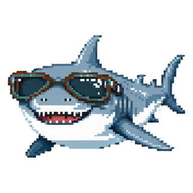 pixelated shark smiling with white teeth wearing dark sunglasses sticker