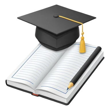 Front-facing school notebook with a small graduation cap on top, minimal line-art, clean modern style, straight angle, simple outlines, slightly 3D, no background, transparent, represents “school / sixth form / Year 13 sticker