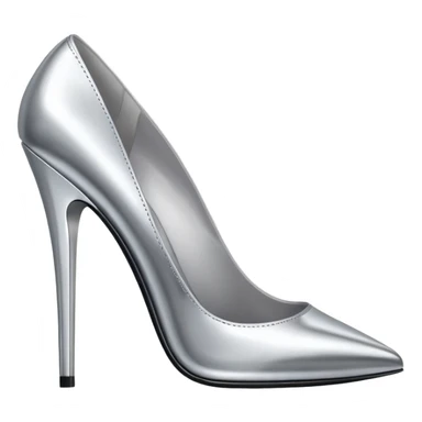 A pair of high heel shoes emoji made of polished silver chrome, elegant sharp silhouette, smooth metallic surface, glossy reflections, luxury sexy vibe, minimalistic iOS emoji style, centered, clean white background sticker