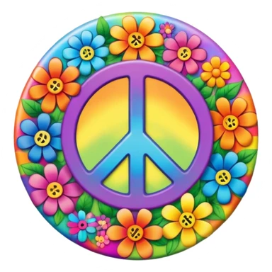 A round psychedelic colored button that says “peace” in the center with rainbow colored hippie style flowers sticker