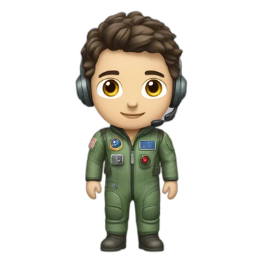 A young white male tennager with dark brown hair and brown eyes in a pilot suit and wearing a green Pilot headset sticker