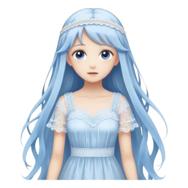 Beautiful ethereal pastel transparent translucent Gorgeous spectral dark greyish-blue whitish gloomy spectral Anime Poltergeist Lady with long hair with a beautiful white silky lace dress with a silky lace head band sticker