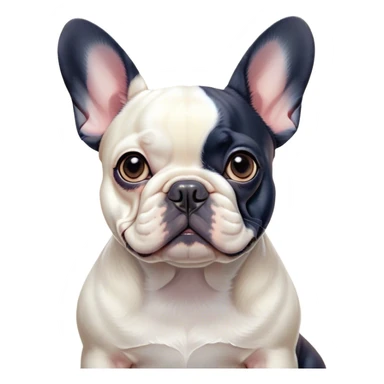 Cinematic Noble Pied French Bulldog Portrait Emoji, Radiating regal yet playful charm, with a distinctive pied fur of contrasting hues and a sculpted, expressive face featuring gentle, wise eyes and a confident stance, simplified yet artistically detailed, glowing with a soft, sophisticated radiance, high shine, exuding intelligent nobility and refined flair, soft glowing outline, capturing the essence of a noble Pied French Bulldog that embodies both strength and grace! sticker