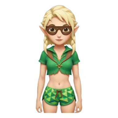 elf female legolas portrait, patterned board shorts (geometric/abstract), unique wooden-framed sunglasses, undercut hairstyle, slight smirk, visible pointy ears, no background, centered emoji, hipster summer vibe coctails sticker