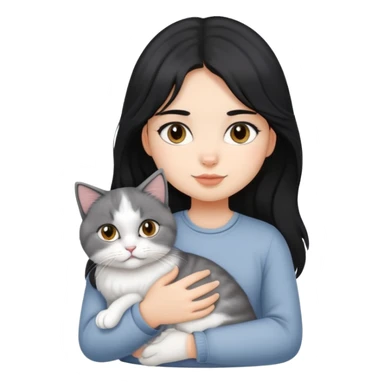 black hair girl with British Longhair white grey cat sticker