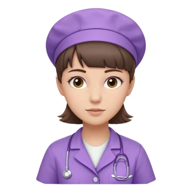 A young female slim nurse with short Brown hair with fringe over her forehead, wearing larvendar purple working cloth, without hat sticker