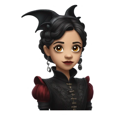 surprised Lavish Victorian black evening gown with see-through gloves, Jenna Ortega as Addams girl Jedi wearing a steampunk mini tiara, very large blood red evil-looking horned dragon sticker