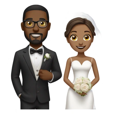Handsome African-American groom with goat tee and brunette Caucasian bride both wearing glasses sticker