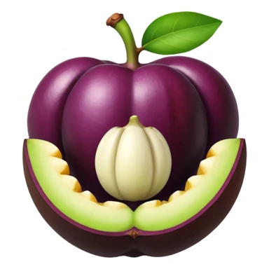 whole mangosteen with thick deep purple rind and green segmented calyx on top, next to a halved fruit revealing glossy white segmented flesh inside, soft juicy interior, firm outer shell, no leaves plate or extras, apple emoji style, soft lighting, subtle shadows, transparent background, emoji scale sticker