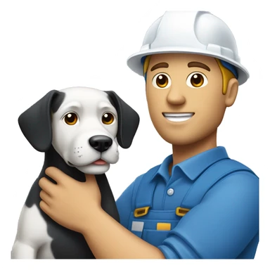 Bold white male construction worker wearing a hat and blue work wear Holding a little black dog on his arm sticker