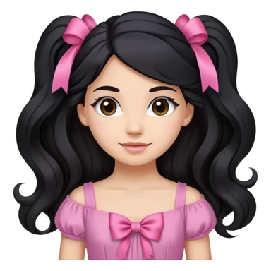 Beautiful girl with long black hair in a half-up half-down hairstyle with pink ribbon tying the top half, waves at the ends, brown eyes, light skin, slight smile, and pink dress sticker