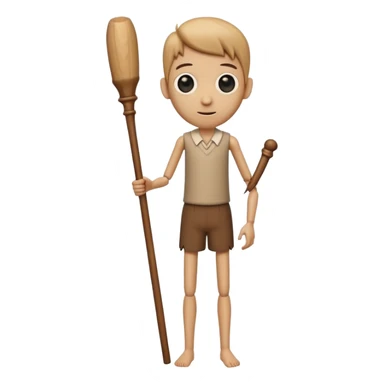 a tall, cylindrical, wooden-like figure with a human-like face, large eyes, and a slight smile. It has small, thin arms and human legs. It appears to be holding a long, wooden stick or bat.
 sticker