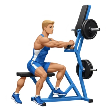 side-view bodybuilder in blue shorts seated weighted calf-raise machine lower leg exercise sticker