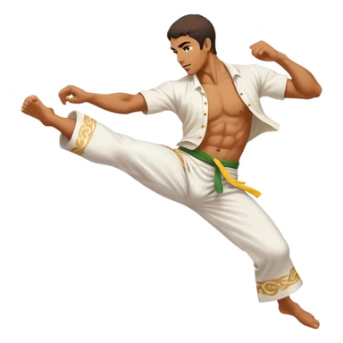 A Brazilian man as a capoeira fighter in mid-air performing a spinning kick, with Brazilian features, tan skin tone, wearing traditional white capoeira pants and a cord, vibrant and flowing pose, surrounded by motion swirls sticker