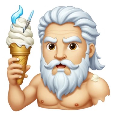 Zeus eating white ice cream and holding a thunderbolt sticker