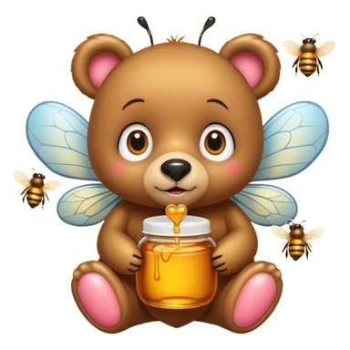 a cute bear with honey and bee and hearts, with big eyes sticker
