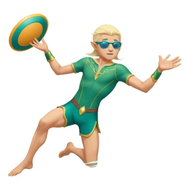 elf male legolas launching a frisbee woven from pure sunlight, wearing sporty teal swim shorts and performance sunglasses, pointy ears, dynamic motion lines, beach sky backdrop, centered emoji sticker