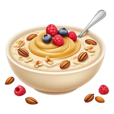 Cinematic creamy oatmeal, smooth texture with a swirl of honey on top, garnished with fresh berries and nuts, warm and comforting, cozy golden tones, rich and delicious. sticker