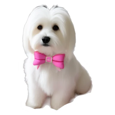 Long haired Coton de Tulear dog with pink harness and pink hair bow, pink dog bed, Zoey written on her bed sticker