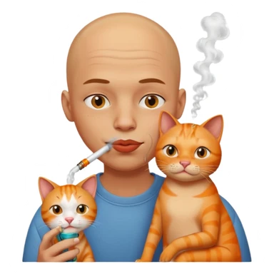 Bald headed boy with extremely big lips smoking from a glass pipe while cuddling and orange cat  sticker