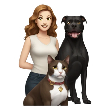 white woman with long brown hair and cat shaped eyes standing alongside a happy black pitbull  sticker
