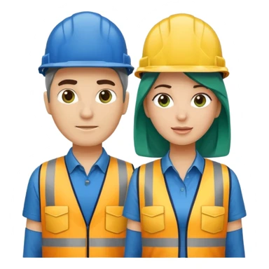 Um homem e uma mulher amarelos com capacete de obras ambos azul escuro e camisa social cinza com faixas refletivas verdes nos braços. Um deles deve estar segurando um megafone sticker