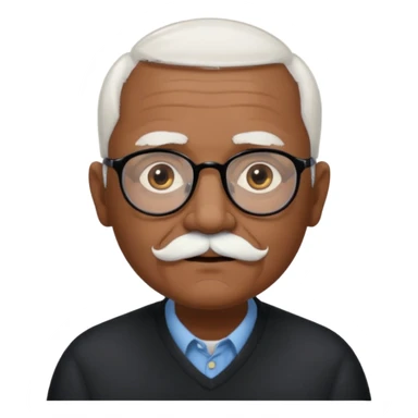 an elderly man with medium-dark skin tone, bald on top with short white hair at the sides, thick white eyebrows, large brown eyes, and wears black-framed glasses.
A small white mustache sits above his mouth sticker