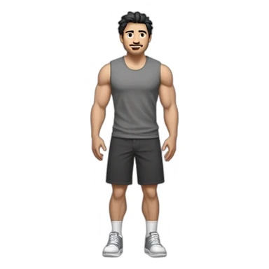 Full height Actively gesturing with hands Pale skinned Fit Man With the biceps and black hair with Bristle in dark gray Sleeveless Mike, brown oversize sports shorts and white Sneakers sticker