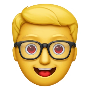 Créer un emoji nerd le perso doit être une tête basique d'emoji jaune avec une grosse paire de lunettes rectangulaires noires 3 boutons sur chaque joue et une dent qui dépasse  sticker