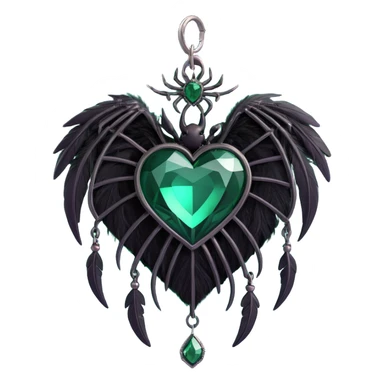 gothic heart, emerald green crystal texture, silver spider charm, feather accents, lush and gothic style, foggy background sticker