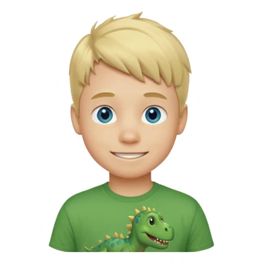A smiling blond boy with blue eyes wearing a green dinosaur T-shirt sticker