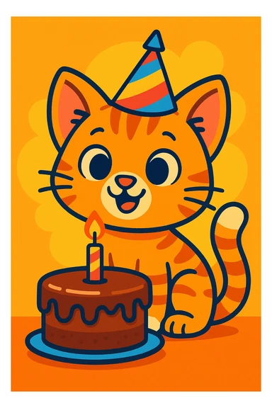 colorful cartoon style animated kitten wearing a party hat with a chocolate cake sticker