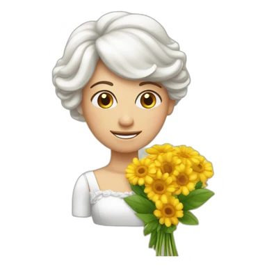 crée un emoji avec une tete de personnage avec des yeux festif tenant un énorme bouquet de fleur de mariage sticker