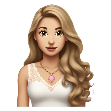 fair-skinned girl with dark brown, slim shaped eyes and long lashes. long, light brown hair styled in a voluminous, wavy blowout. wearing a delicate white lace tank top and a dainty gold necklace, plump pink lips. sticker