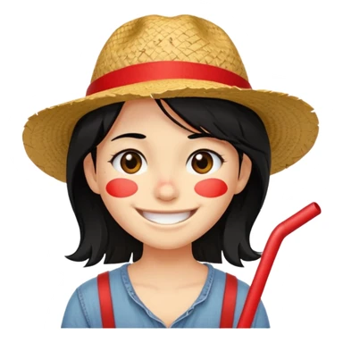 Un personnage avec la peau beige une cicatrice sous l'oeil des cheveux noirs en bataille et un chapeau de paille avec une bande rouge il arbore un grand sourire sticker