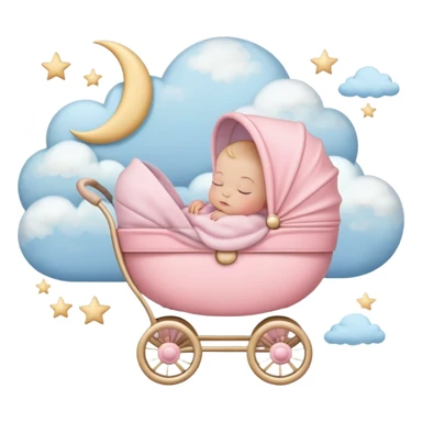 sleeping baby in pink and beige stroller with crescent moon and stars above with pastel blue clouds sticker