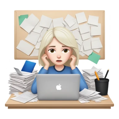 tired woman at a desk with a MacBook, surrounded by messy papers, emphasizing disorganization sticker