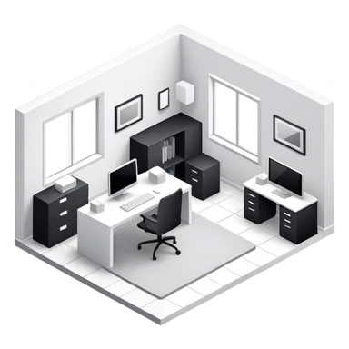 An isometric 3D room with two white walls that meet at the back left and right and a single Window. Black and White Home Office Room sticker