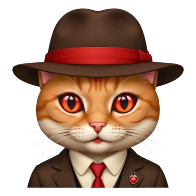 cat corleone mafia, red eyes, close head photo, hat brown with red emblement sticker