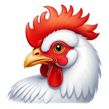Cinematic Cute White Rooster Portrait Emoji, Head tilted playfully and inquisitively, featuring a glossy, immaculate white plumage with a vibrant red comb, round, sparkling eyes filled with curiosity, Simplified yet irresistibly adorable features, highly detailed, glowing with a warm, friendly glow, high shine, affectionate and spirited, stylized with a touch of farmyard whimsy, bright and endearing, soft glowing outline, capturing the essence of a mischievous yet loving rooster, so playful it feels like it could strut out of the screen and into your arms! sticker