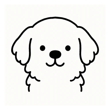 Minimalist kawaii line art of a Golden Retriever dog's head: round, fluffy head, medium floppy ears, very simple face with two dot eyes, tiny round nose, upside-down 'Y' mouth. Thick, bold, clean black lines on white background, symmetrical, calm and sweet expression. No color or shading, just black linework. Slightly hand-drawn but polished, child-friendly. sticker