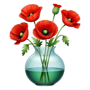 three big realistic poppy flowers in a clear vase with clear water sticker