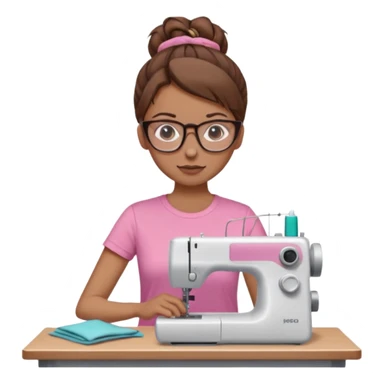 Woman with glasses and brown hair in pink t shirt meme with messy bun using a sewing machine  sticker