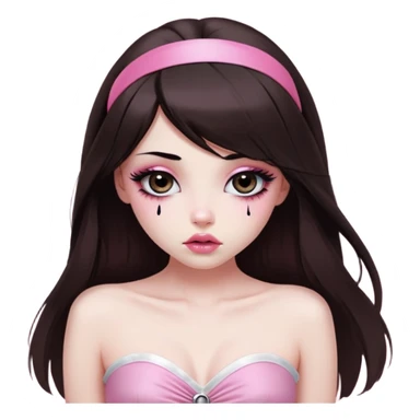 girl with white skin, dark brown long straight hair falling in front of her body, very big pouty extra shiny lips with absolutely no cupid's bow, shiny large eyes with black eyeballs and long eyelashes, lighter button nose, very long oval-shaped face, wearing a pink bandeau top with straight neckline, looking directly at camera with hands down at sides sticker